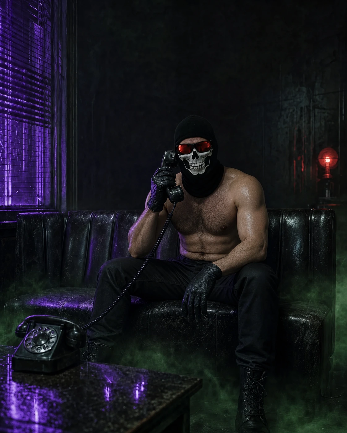 A private hotline glowing beneath purple light